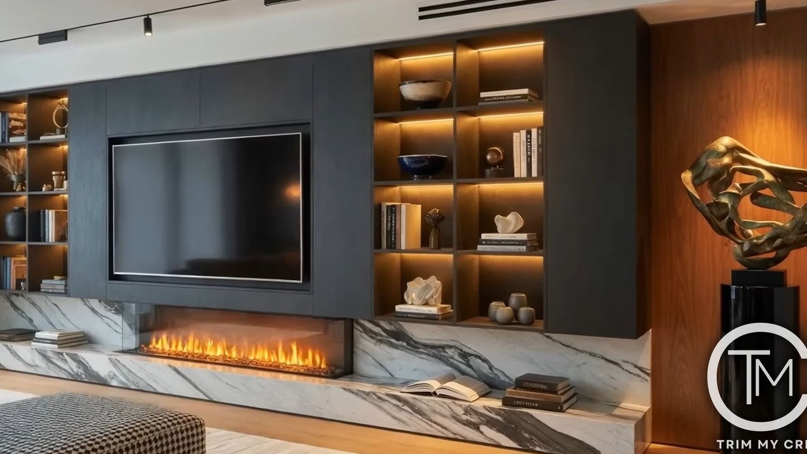 Design concept rendering of a dark media wall with a TV, backlit open shelving, a long linear fireplace and a marble-look hearth