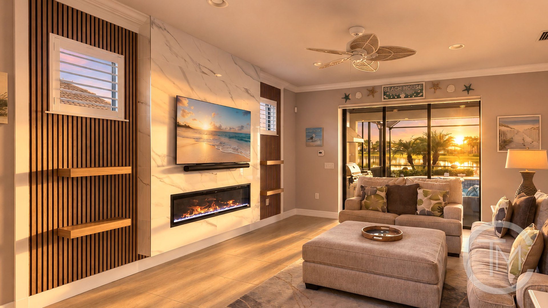 Media wall with vertical wood slat panels and floating shelves on both sides, a light center panel holding the TV and soundbar, and a linear fireplace below, in a Venice, FL living room